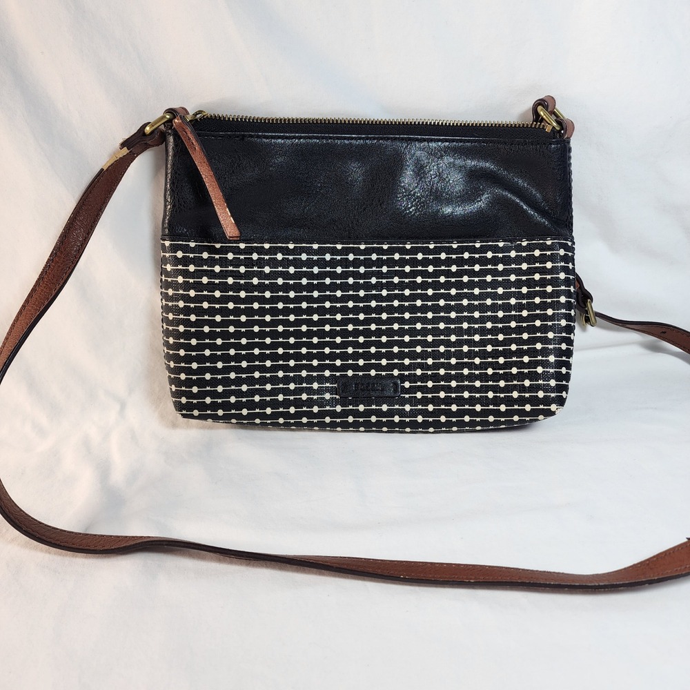 Fossil Fiona Leather Canvas Crossbody Bag Black Brown Zip Top Adjustable Strap - Picture 2 of 14